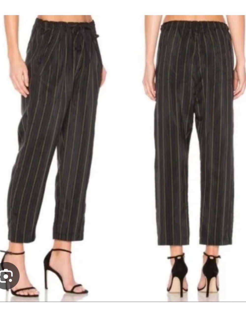 VINCE Pants Small Regiment Paper Bag Drawstring Pinstripe Cupro Black Olive